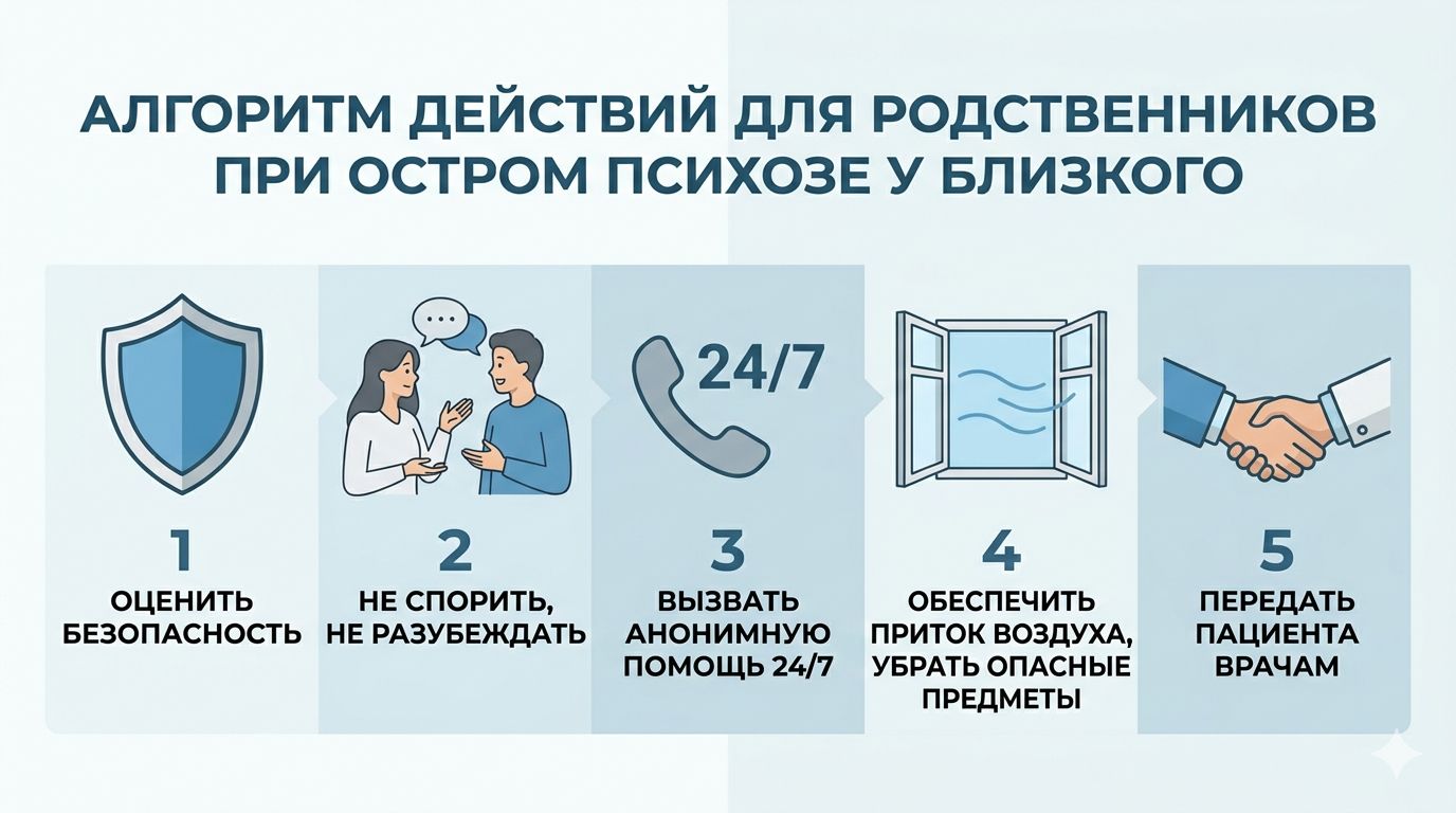 Алгоритм действий для родственников при остром психозе: первая помощь