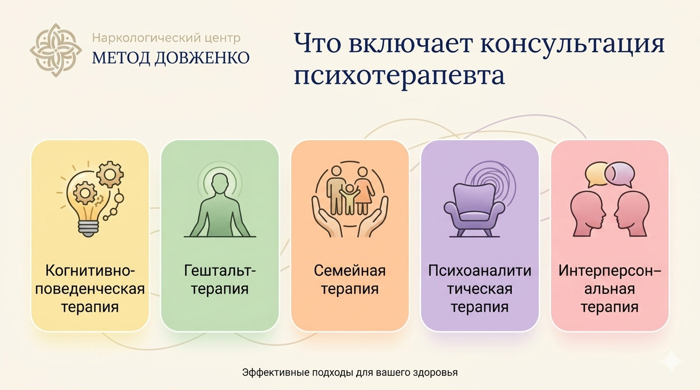Инфографика с пятью методами консультации психотерапевта: КПТ, гештальт, семейная, психоаналитическая, интерперсональная терапия.