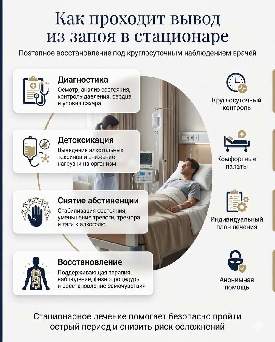 Инфографика с этапами и преимуществами вывода из запоя в стационаре под контролем врачей.