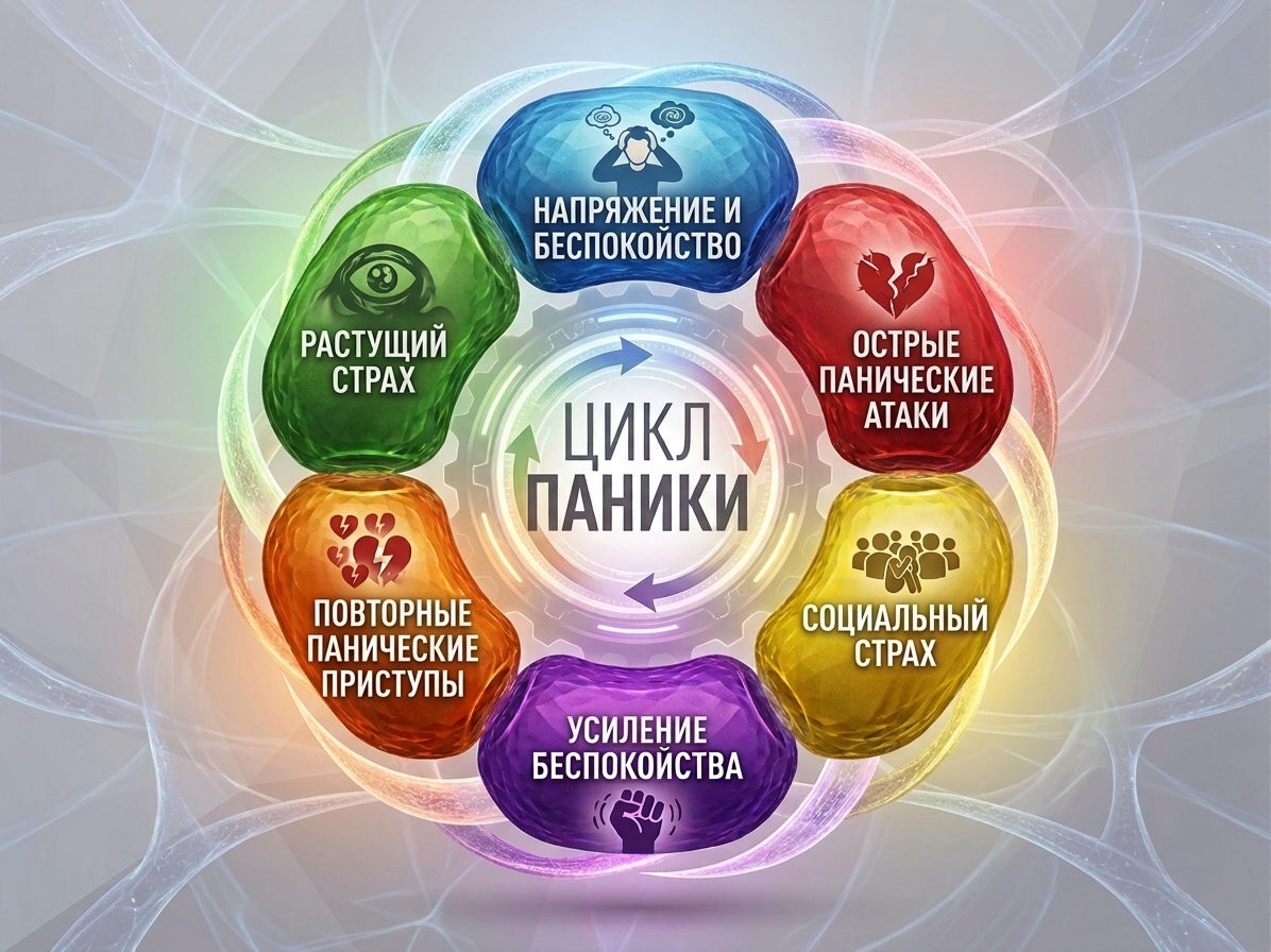 Круговая инфографика с шестью этапами: напряжение, острые атаки, социальный страх, повторные приступы — лечение панических атак.