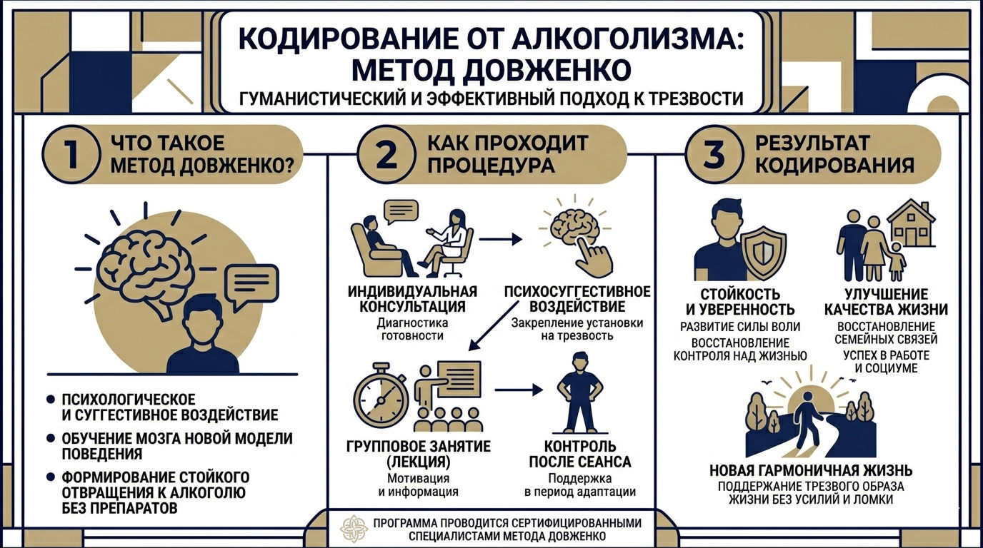 Инфографика с этапами кодирования от алкоголизма по методу Довженко — консультация, процедура и результат лечения
