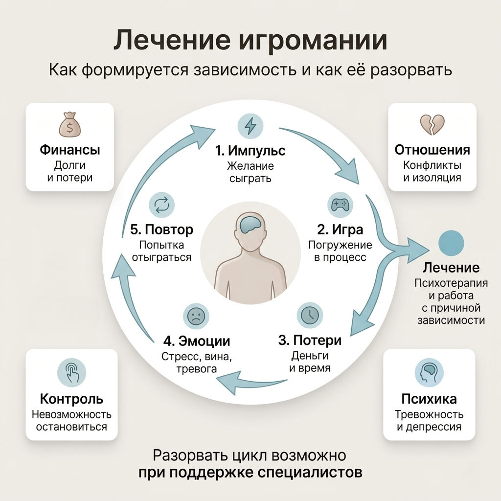 Инфографика с этапами формирования игровой зависимости и точкой выхода — лечение игромании.