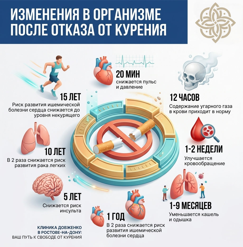 Инфографика с этапами восстановления организма от 20 минут до 15 лет — лечение табакокурения.