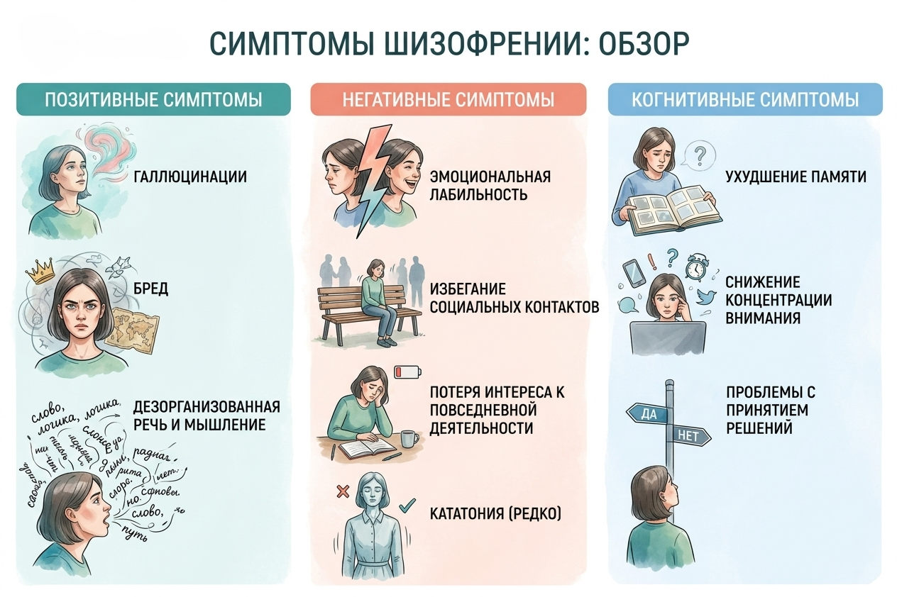 Инфографика симптомов шизофрении: галлюцинации, бред, апатия, ухудшение памяти — для услуги лечения шизофрении.