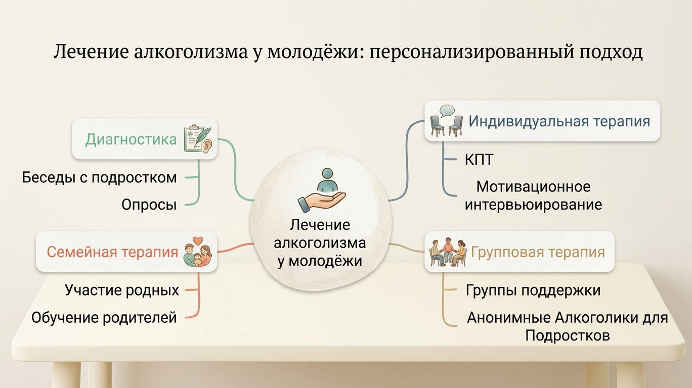 Инфографика с методами лечения подросткового алкоголизма: диагностика, индивидуальная, групповая и семейная терапия