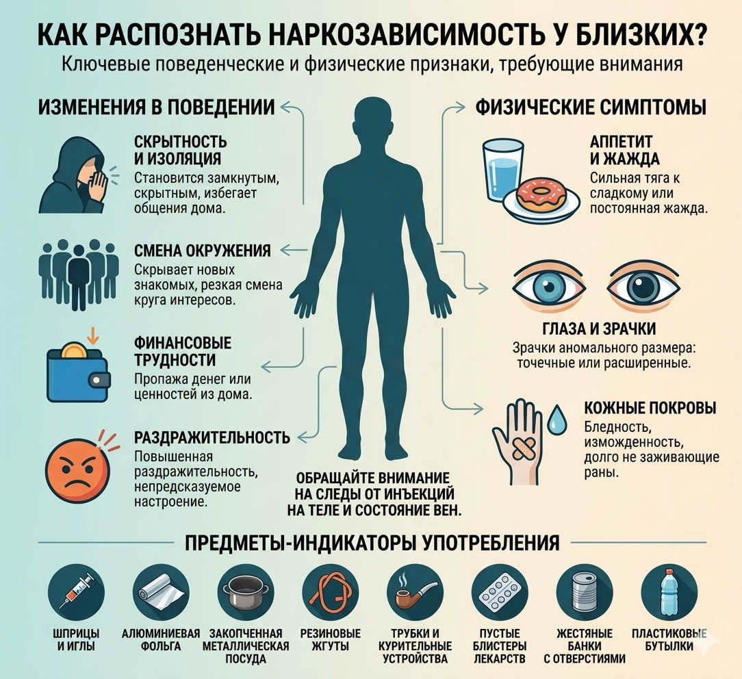Инфографика с поведенческими и физическими признаками наркозависимости — принудительное лечение наркозависимости.