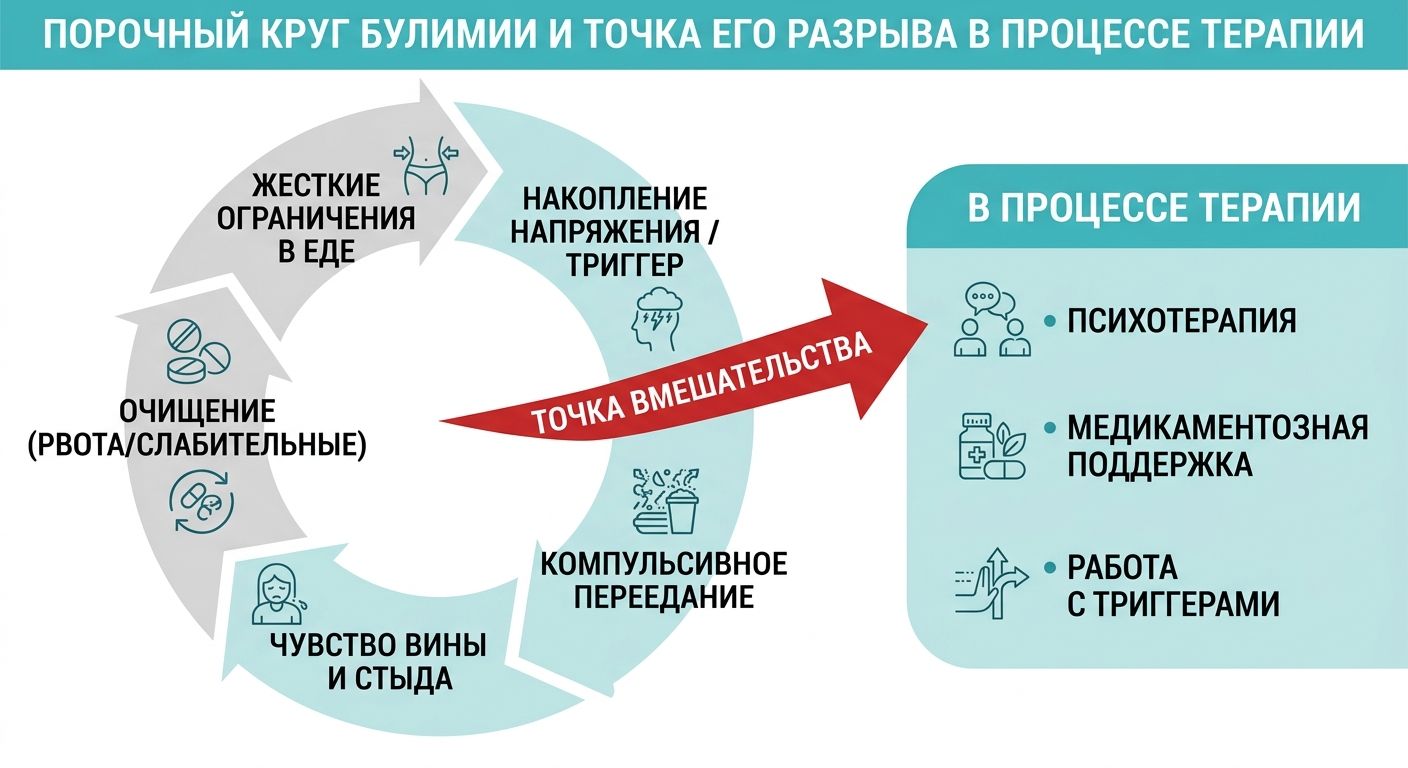 Лечение булимии: инфографика порочного круга расстройства и точка разрыва цикла с помощью терапии