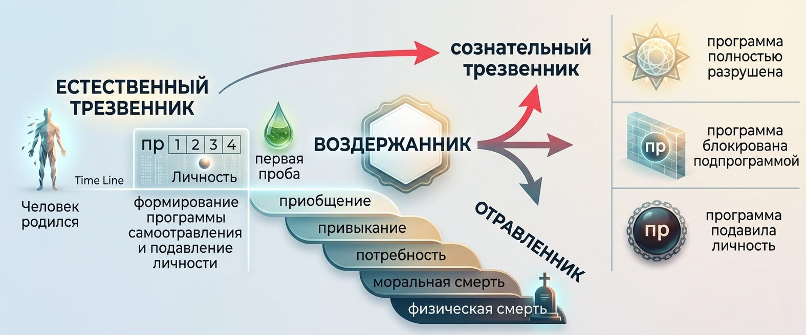 Инфографика стадий формирования алкогольной зависимости и реабилитации по методу Шичко: от пробы до отравленника.