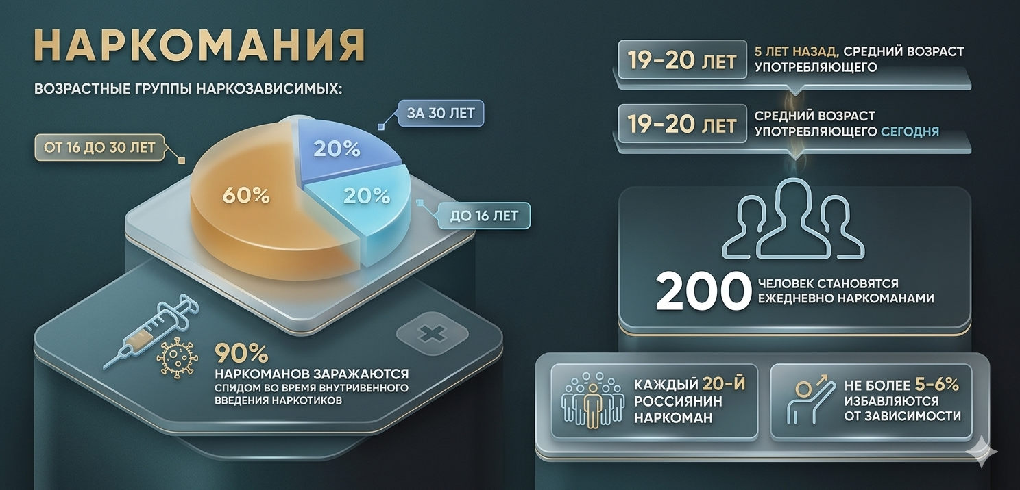 Инфографика со статистикой наркомании: возрастные группы, число новых зависимых, процент выздоровевших — снятие ломки.