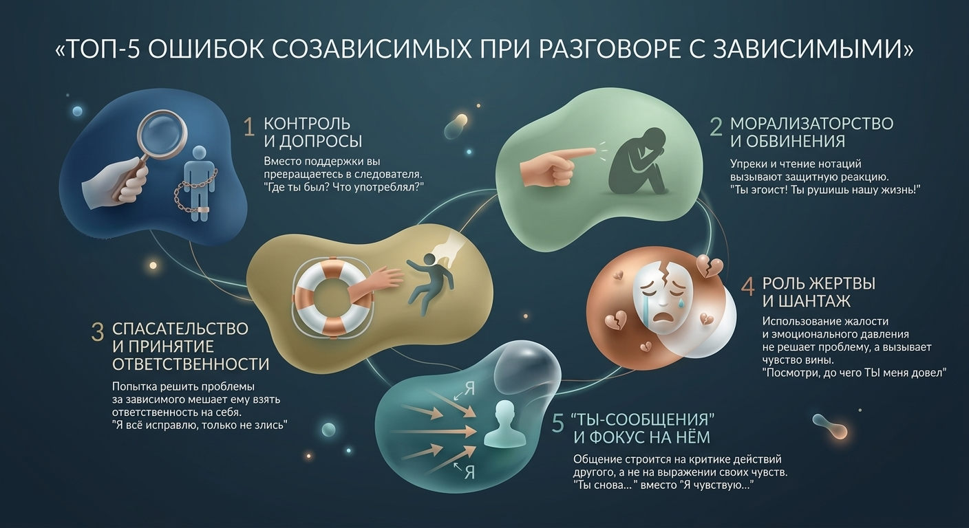 Инфографика с пятью типичными ошибками созависимых в общении с зависимым — контроль, обвинения, шантаж при лечении созависимости